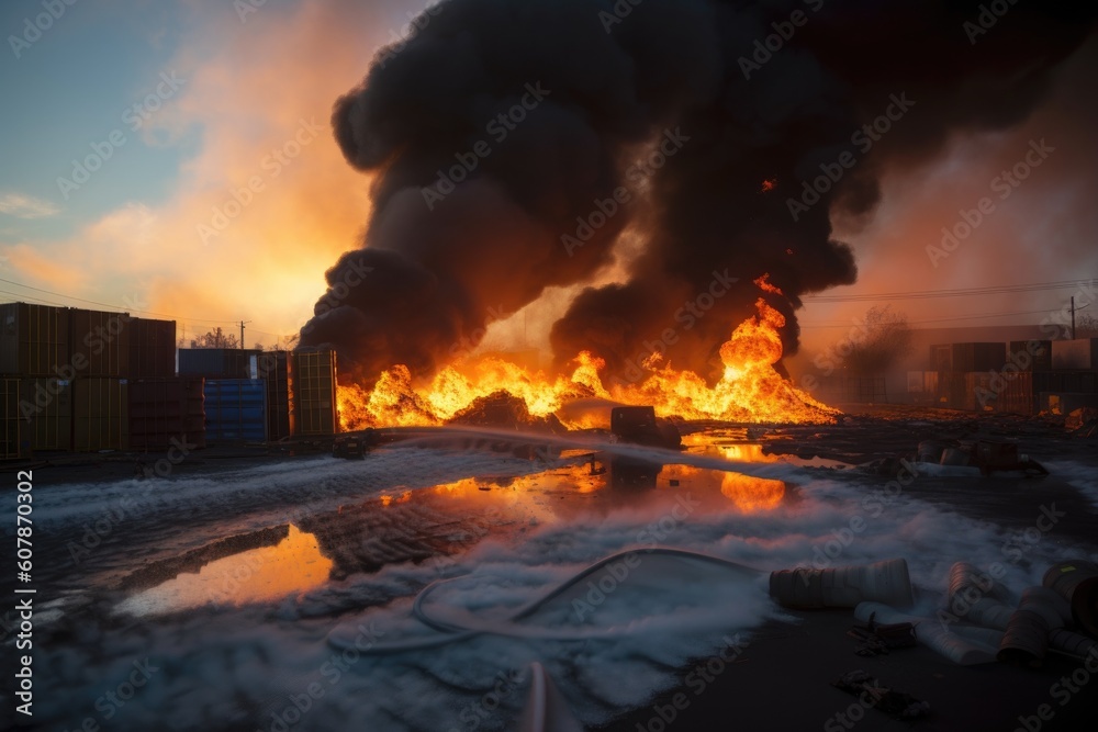 chemical waste spill, with flames and smoke coming from the leaking containers, created with generative ai