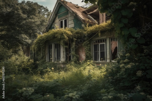 abandoned house with peeling paint and broken windows, surrounded by overgrown gardens, created with generative ai