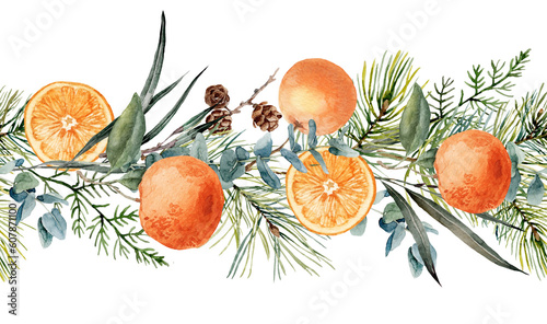 Christmas composition. Seamless border. Christmas watercolor decoration with spruce branches, cones, oranges and berries.