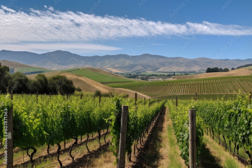 sunny day in vineyard with rolling hills and towering mountains in the background, created with generative ai