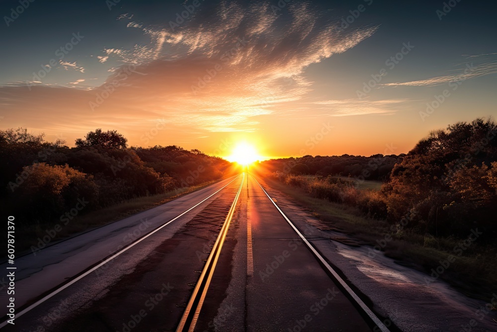 scenic highway during sunrise, with the sun peeking over the horizon, created with generative ai scenic highway during sunrise, with the sun peeking over the horizon, created with generative ai
