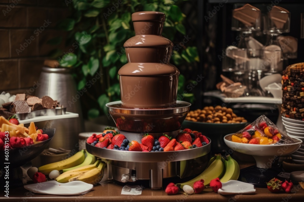 chocolate fountain with decadent flavours of fruit and spices paired perfectly with warm melted chocolate, created with generative ai