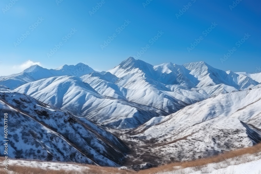 majestic mountain landscape with snow-covered peaks and blue sky, created with generative ai majestic mountain landscape with snow-covered peaks and blue sky, created with generative ai