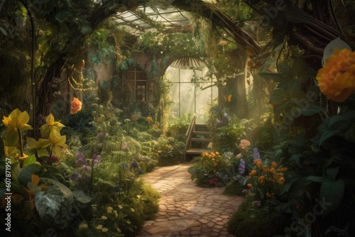 an enchanted garden with magical creatures and plants, hidden away from the world, created with generative ai