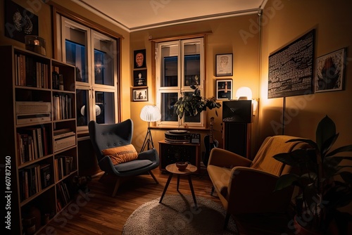 lofie living room with cozy armchair  candlelight and vinyl record collection  created with generative ai