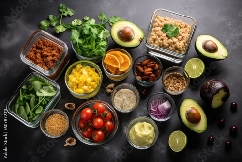 meal prep spread with various ingredients and spices, ready for healthy and delicious meals, created with generative ai
