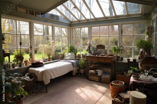 decluttered sunroom, with peaceful view of the garden, created with generative ai © altitudevisual