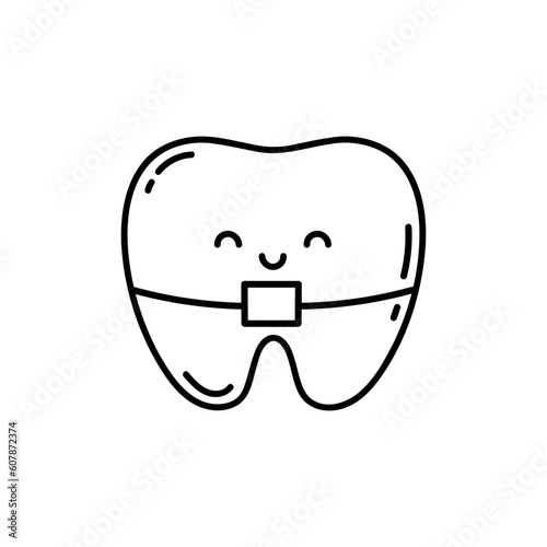 Cute tooth with brace. Doodle dental mascot for kids orthodontic clinic. Tooth with bracket. Orthodontics tooth or dental braces - tooth linear vector style.