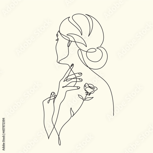 Woman Line Art Self Love Minimalist Logo. Nature Organic Cosmetics Makeup. Flower head Feminine Illustration line drawing. Woman face with flowers and butterfly
