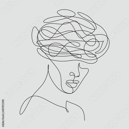 Continuous one-line art anxiety drawing art of stress confusing people because any problem. Vector illustration of woman mess feeling with round scribbles instead of a head. Mindfulness psychotherapy 
