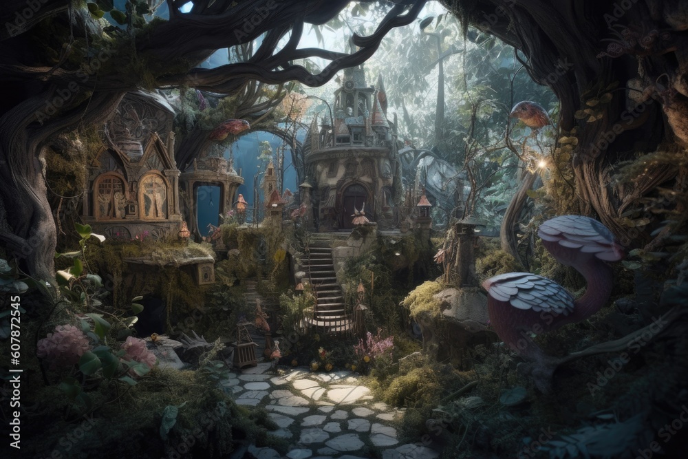 fantasy garden, with magical creatures and plants in a fairy tale setting, created with generative ai