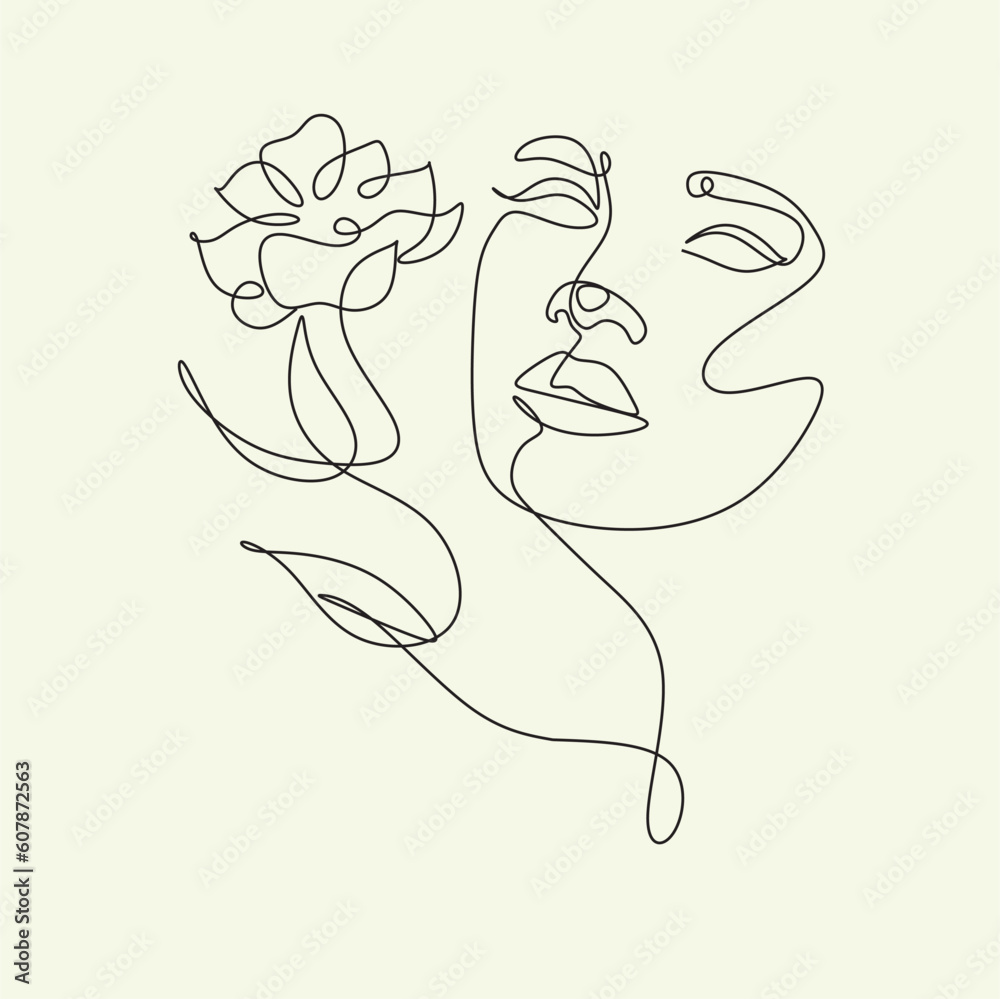 Obraz premium Woman Line Art Minimalist Logo. Nature Organic Cosmetics Makeup. Flower head Feminine Illustration line drawing. Woman face with flowers line
