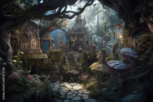 fantasy garden  with magical creatures and plants in a fairy tale setting  created with generative ai