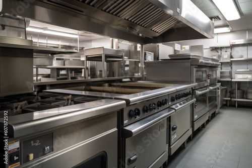 commercial ovens and ranges in restaurant kitchen, with pots, pans, and other cooking tools visible, created with generative ai