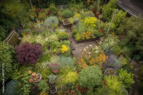 view of garden from above, showing diversity and variety of plants, created with generative ai