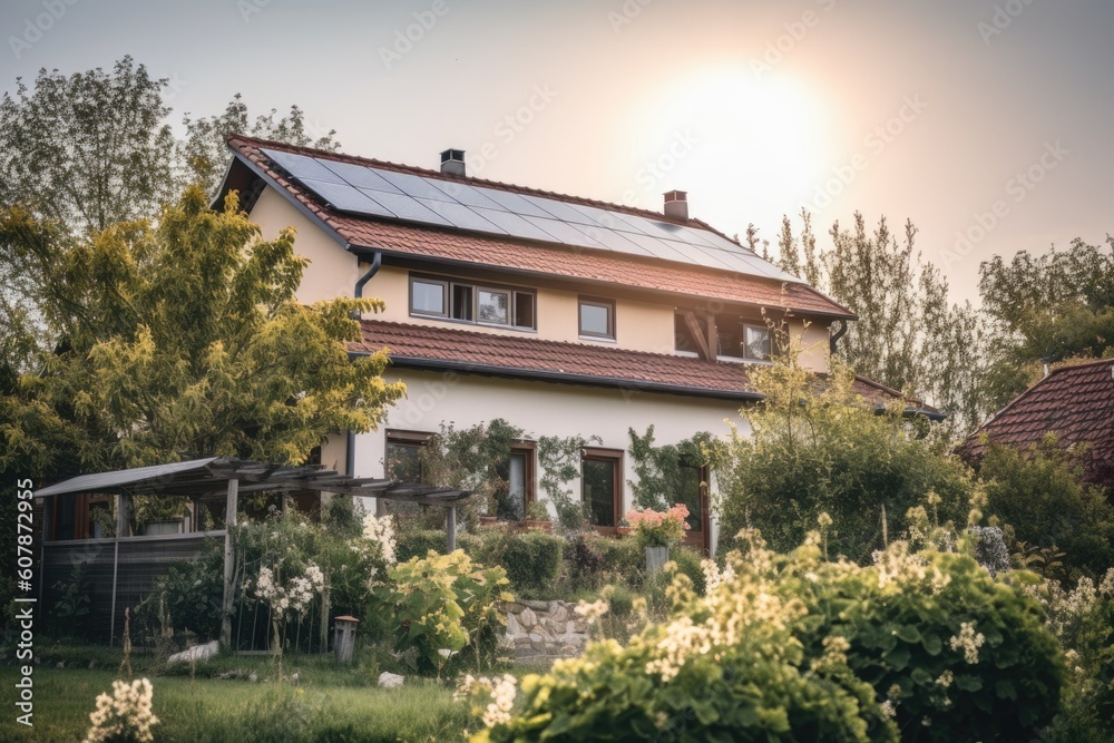 solar panels on the roof of eco-friendly home, providing renewable energy, created with generative ai