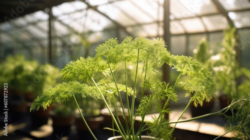 dill plant growing in a sunlit greenhouse
