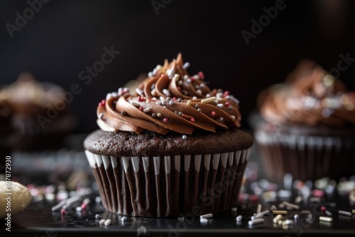 close-up of chocolate cupcake with fluffy buttercream frosting and sprinkle of sugar on top, created with generative ai