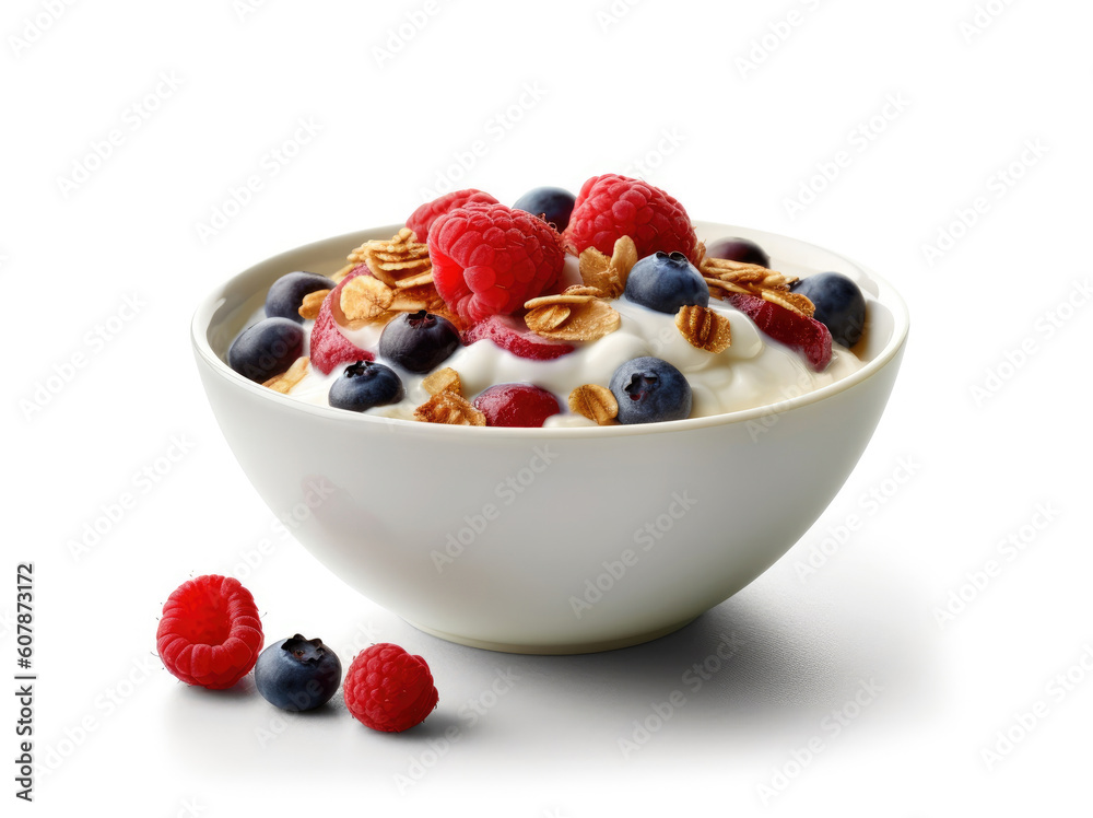 Bowl of cereal with berries and yogurt on a white background Bowl of cereal with berries and yogurt on a white background