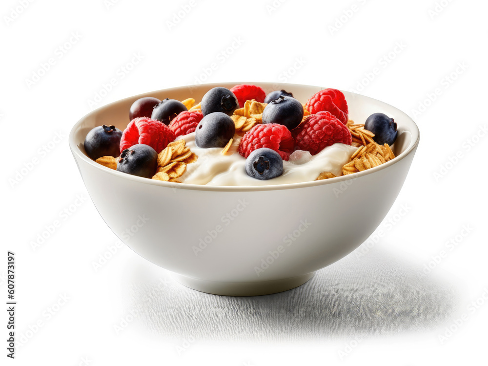 Bowl of cereal with berries and yogurt on a white background