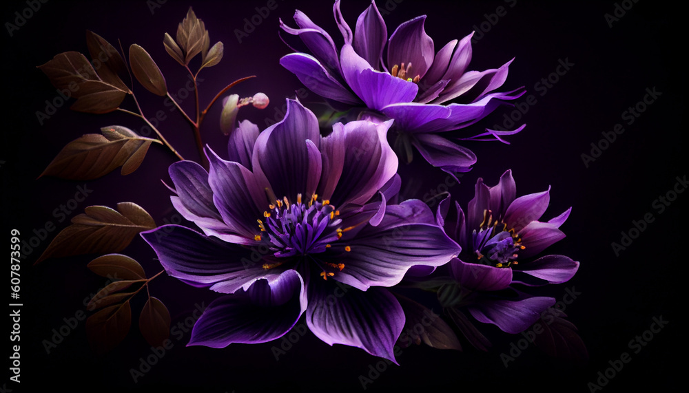 purple flowers on a dark background Ai generated image purple flowers on a dark background Ai generated image