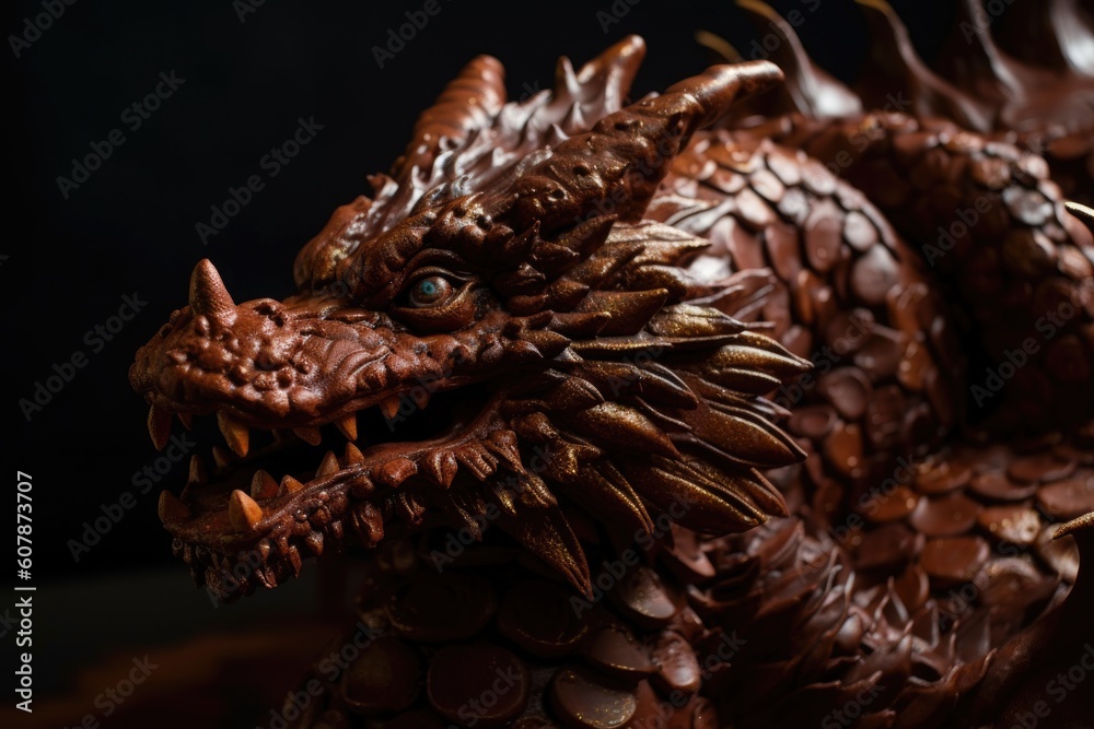 Fototapeta premium chocolate sculpture of a dragon, with scaly texture and intricate details, created with generative ai