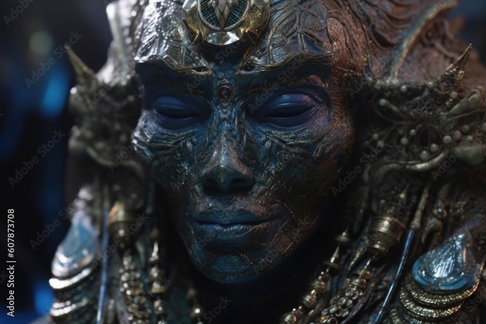 close-up of alien's face, with intricate makeup and glittering jewelry, created with generative ai