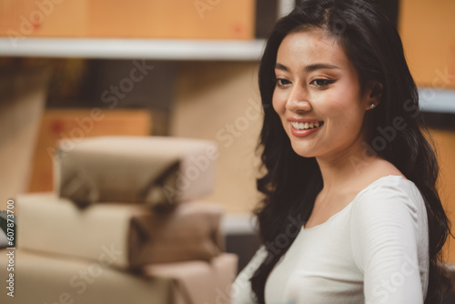 Portrait of young smiling woman looking at camera, Happy girl working relax in creative office. Successful businesswoman with copy space, Programmers cooperating at IT company developing apps