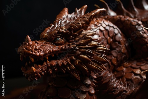 chocolate sculpture of a dragon  with scaly texture and intricate details  created with generative ai