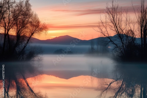 misty sunrise over lake, with reflections of trees and mountains, created with generative ai © altitudevisual