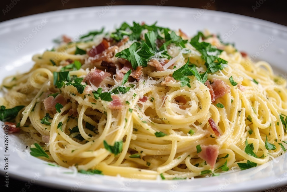 spaghetti carbonara topped with fresh herbs for garnish, created with generative ai