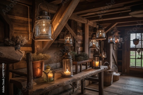 creative lighting and decor in rustic cabin with lanterns and wooden beams, created with generative ai