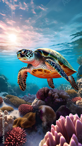 sea turtle swims in a coral reef in the sea - generative AI