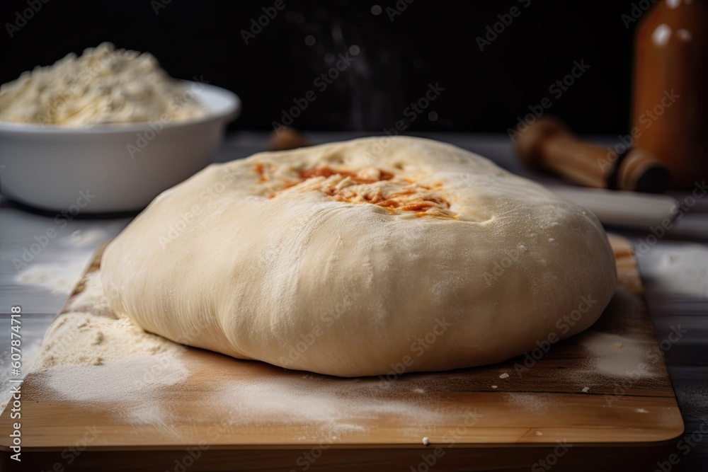 freshly made pizza dough, ready to be topped with sauce and cheese for delicious homemade pizza, created with generative ai freshly made pizza dough, ready to be topped with sauce and cheese for delicious homemade pizza, created with generative ai