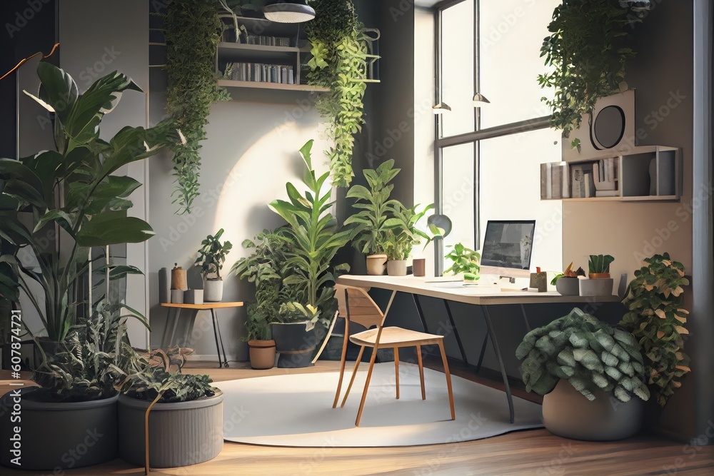 Fototapeta premium office with plants of various sizes and shapes, creating a natural atmosphere, created with generative ai