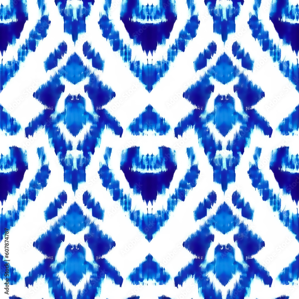 Blue ikat on a white background. Traditional Abstract art seamless pattern on the fabric in Indonesia and other Asian countries Blue ikat on a white background. Traditional Abstract art seamless pattern on the fabric in Indonesia and other Asian countries