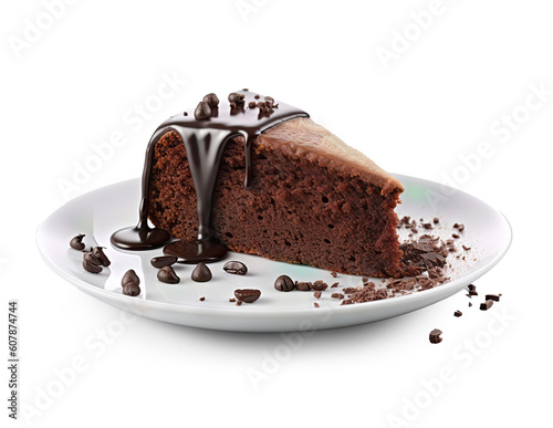 a piece of brownie cake with melted chocolate on a white plate