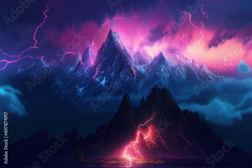 Nature background with lightning and thunderstorm. Dark night landscape view during a thunderstorm. Flashing lightning. Neon light. Fantasy abstract landscape. Neon tunderstorm. Generative ai.