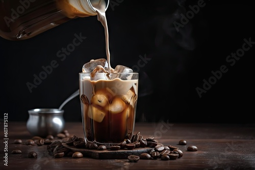 refreshing iced coffee with a splash of milk, created with generative ai
