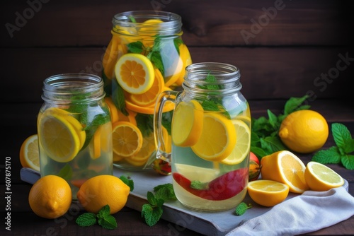 refreshing fruit-infused water with lemon and mint, created with generative ai