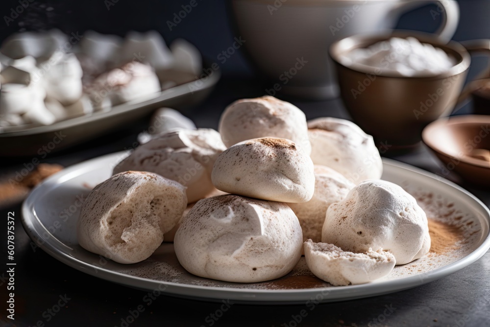 Fototapeta premium plate of fluffy meringue cookies, dusted with cinnamon and sugar, created with generative ai