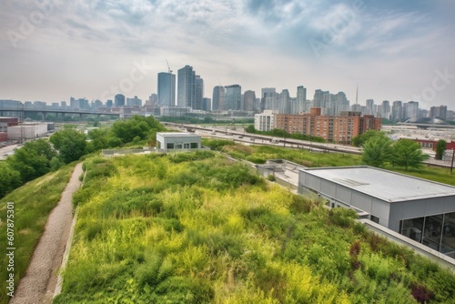 green rooftop garden with the city skyline in view, created with generative ai