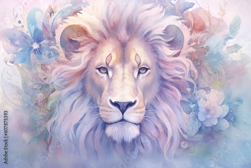 dreamlike watercolor lion print where the lion appears almost mystical. soft, pastel colors like lavender, blush pink, and pale blue to create a serene and otherworldly atmosphere. Generative AI © PinkiePie