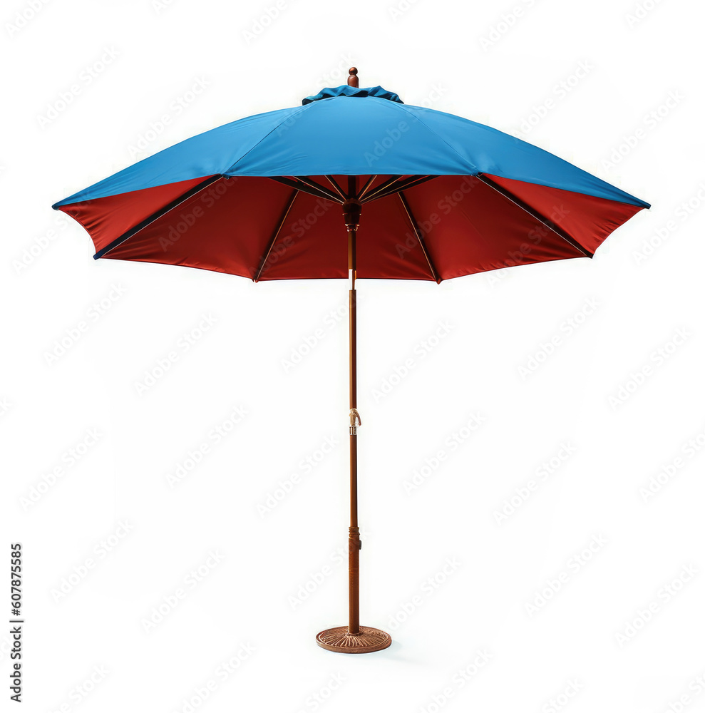 Big blue and red beach umbrella isolated on white background