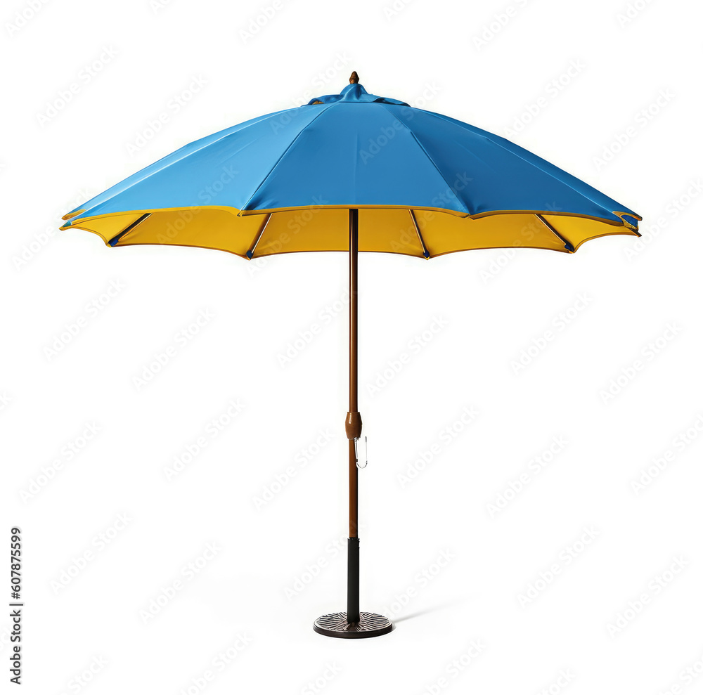Big blue and yellow beach umbrella isolated on white background