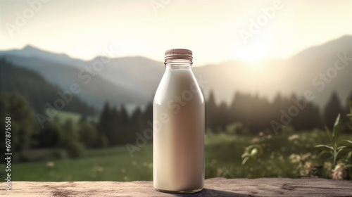 Farmer's milk in bottle on blurred background of an apple meadow, generated ai