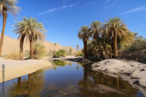 desert oasis with clear blue sky and palm trees in the background, created with generative ai