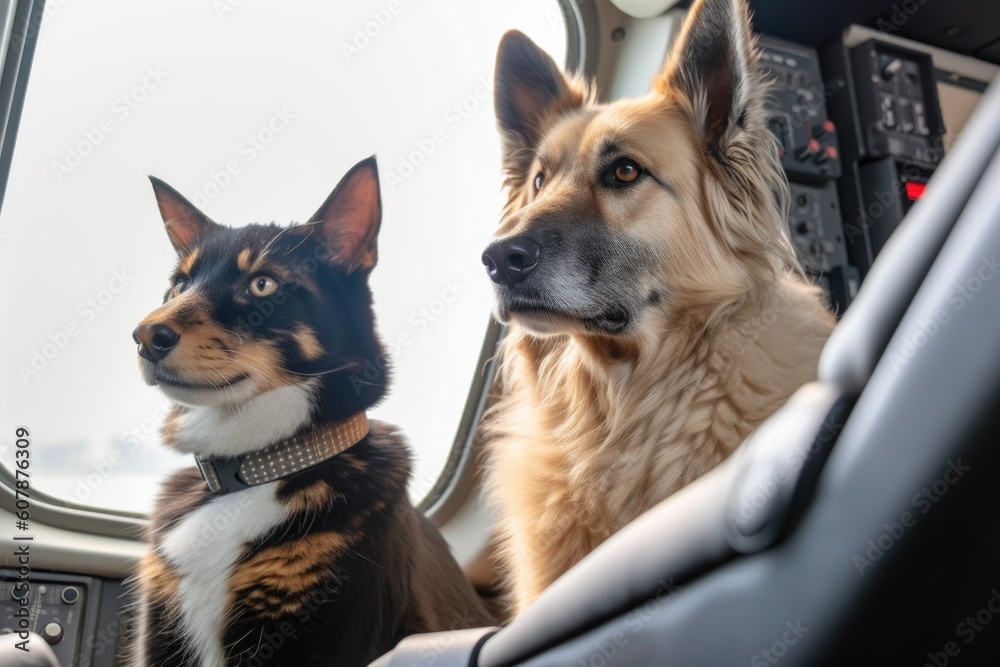 dog and cat sitting in cockpit of passenger plane, keeping watch over the flight, created with generative ai dog and cat sitting in cockpit of passenger plane, keeping watch over the flight, created with generative ai