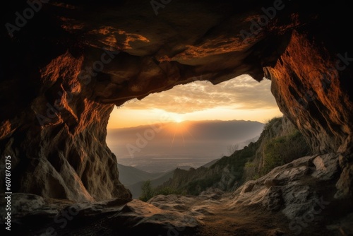 cave entrance, with view of the sun setting over the horizon, through a mountain range, created with generative ai