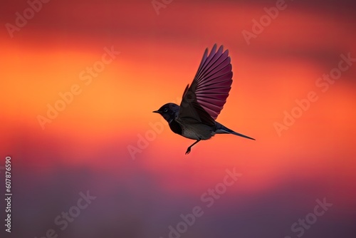 redstart bird flying past pink and purple sunset sky, created with generative ai © altitudevisual